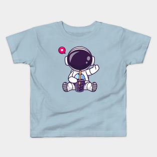 Cute Astronaut Drinking Boba Milk Tea Space Cartoon Kids T-Shirt